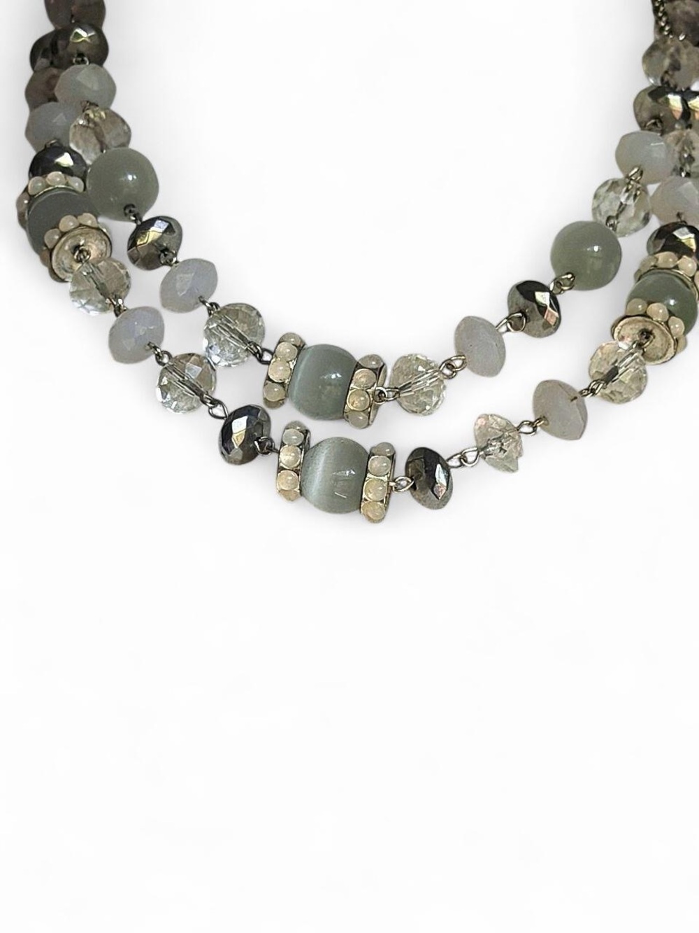 Vintage Crown Trifari Double Strand Necklace Gray Cats Eye Crystal Bead Signed